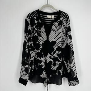 Chicos top 2x black white floral sheer tie front blouse shirt plus workwear